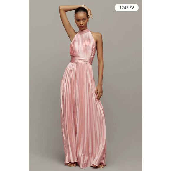 Anthropologie Mac Duggal Halter Pleated Maxi Dress in Pink Size 12 NWT $498